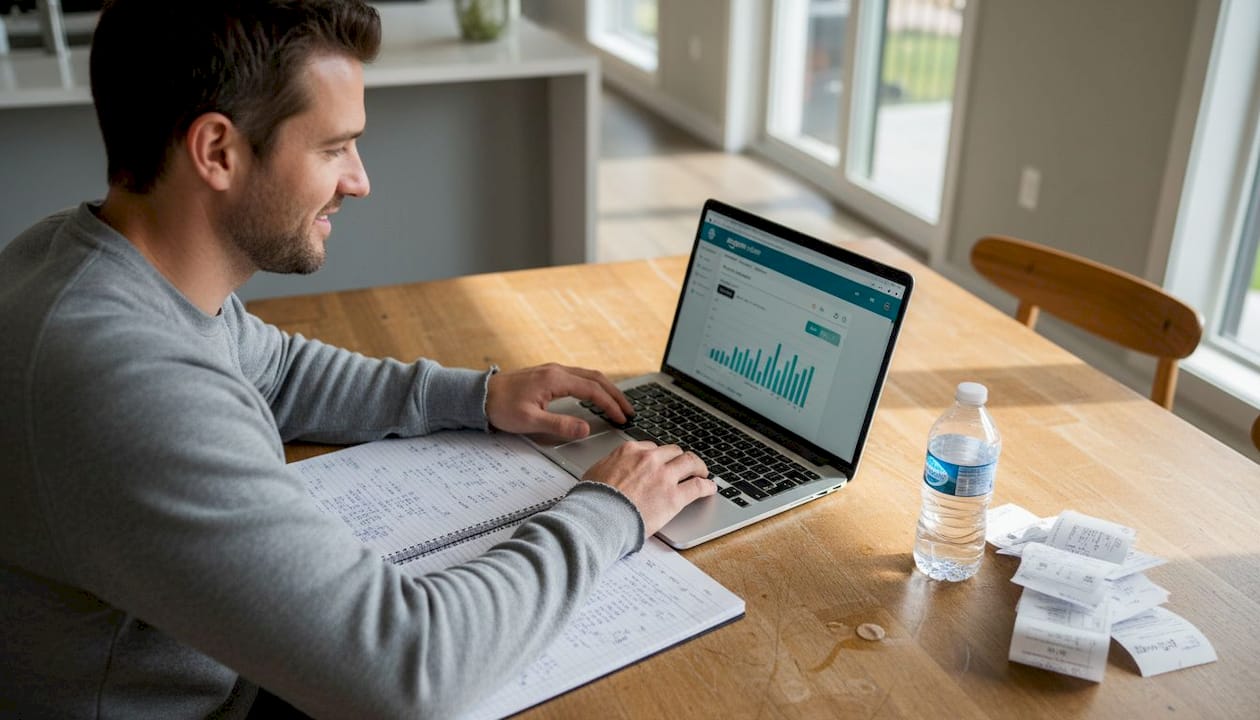 Seller calculating Amazon plan costs at kitchen table