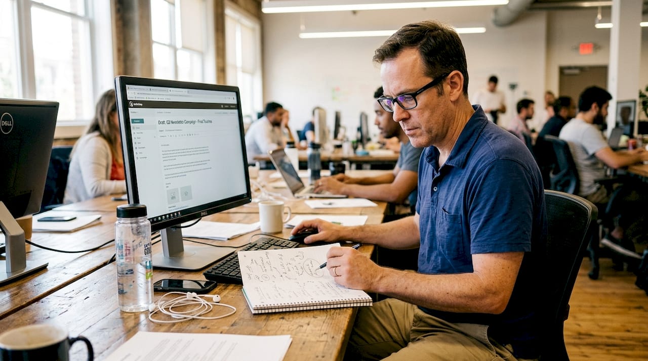 Man building email marketing campaign at desk