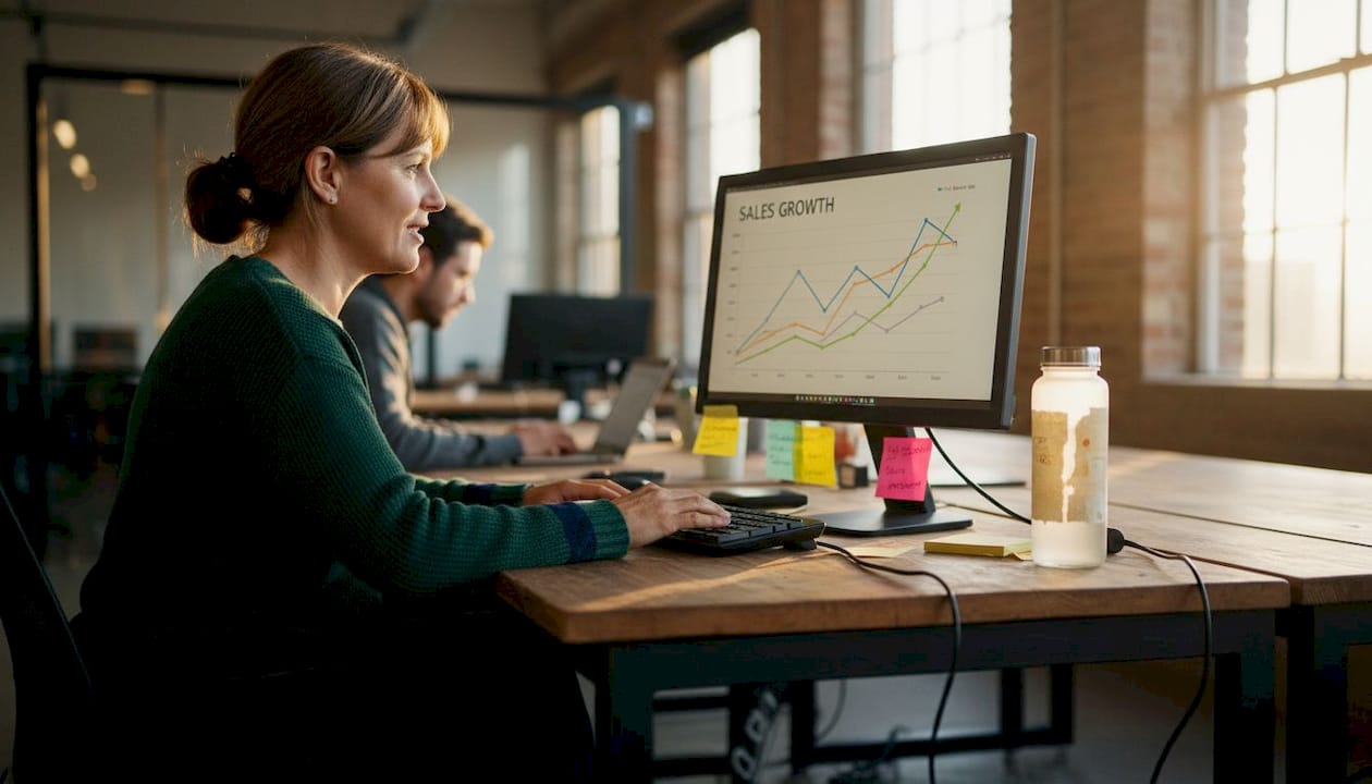 Seller reviewing Amazon sales analytics on monitor