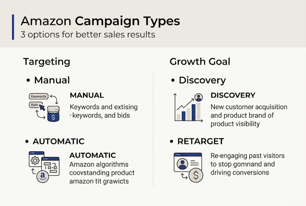 Infographic showing Amazon campaign types and strategies