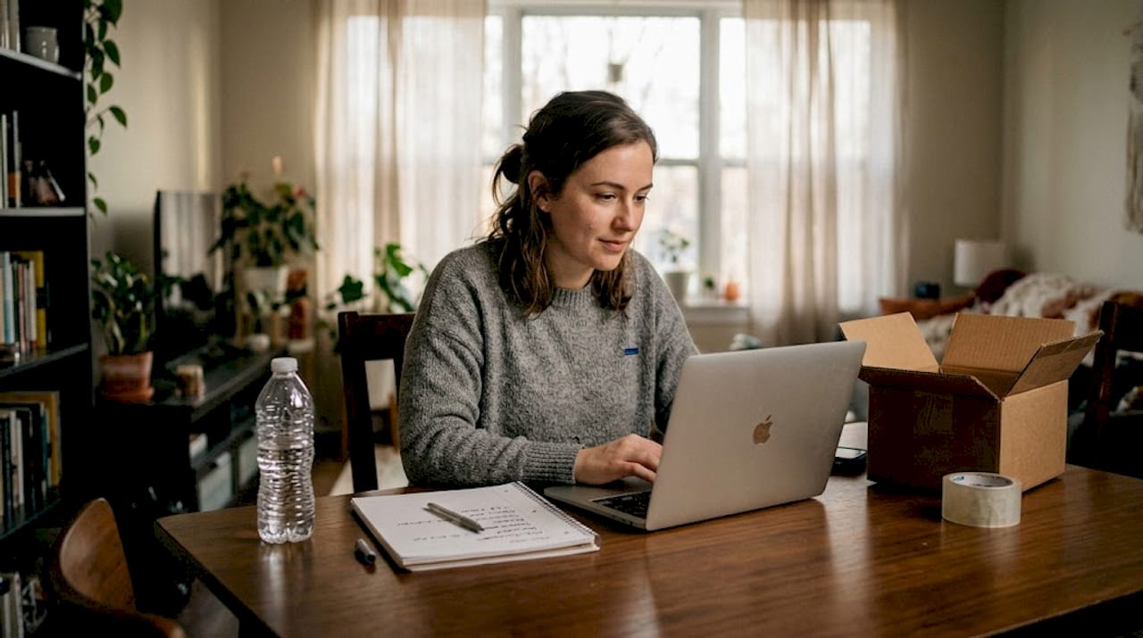 Woman writing Amazon product title at table