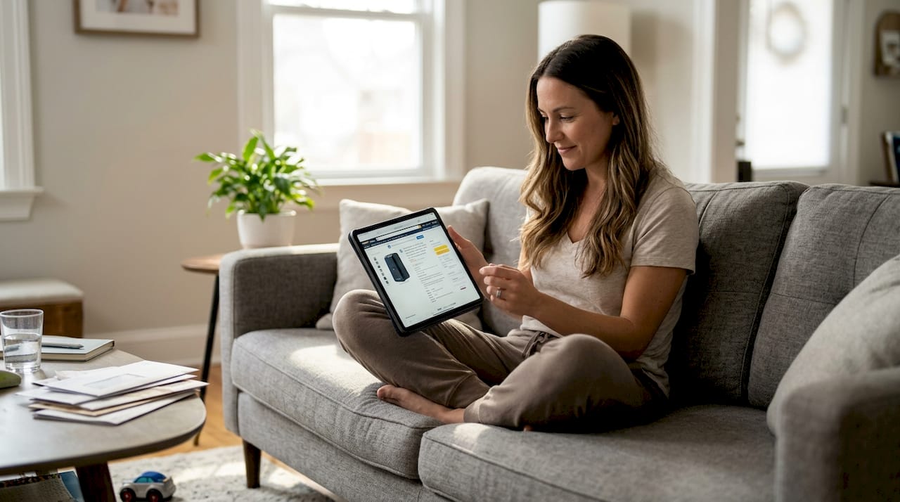 Woman browsing Amazon, trust badge visible on tablet