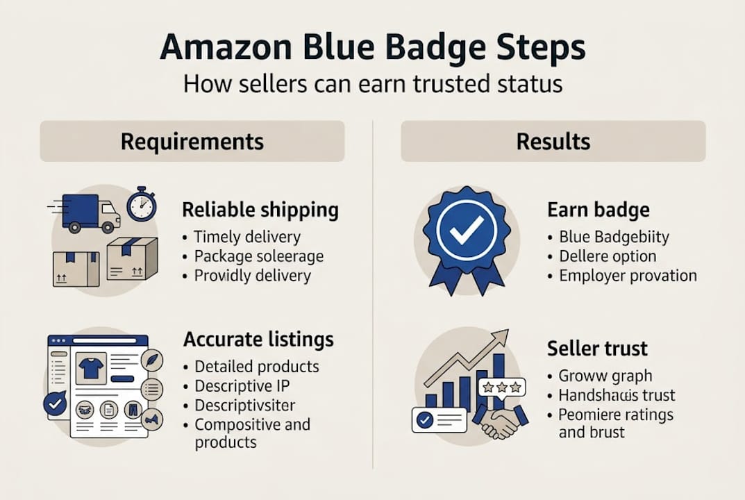 Infographic summarizing steps to earn Amazon blue badge