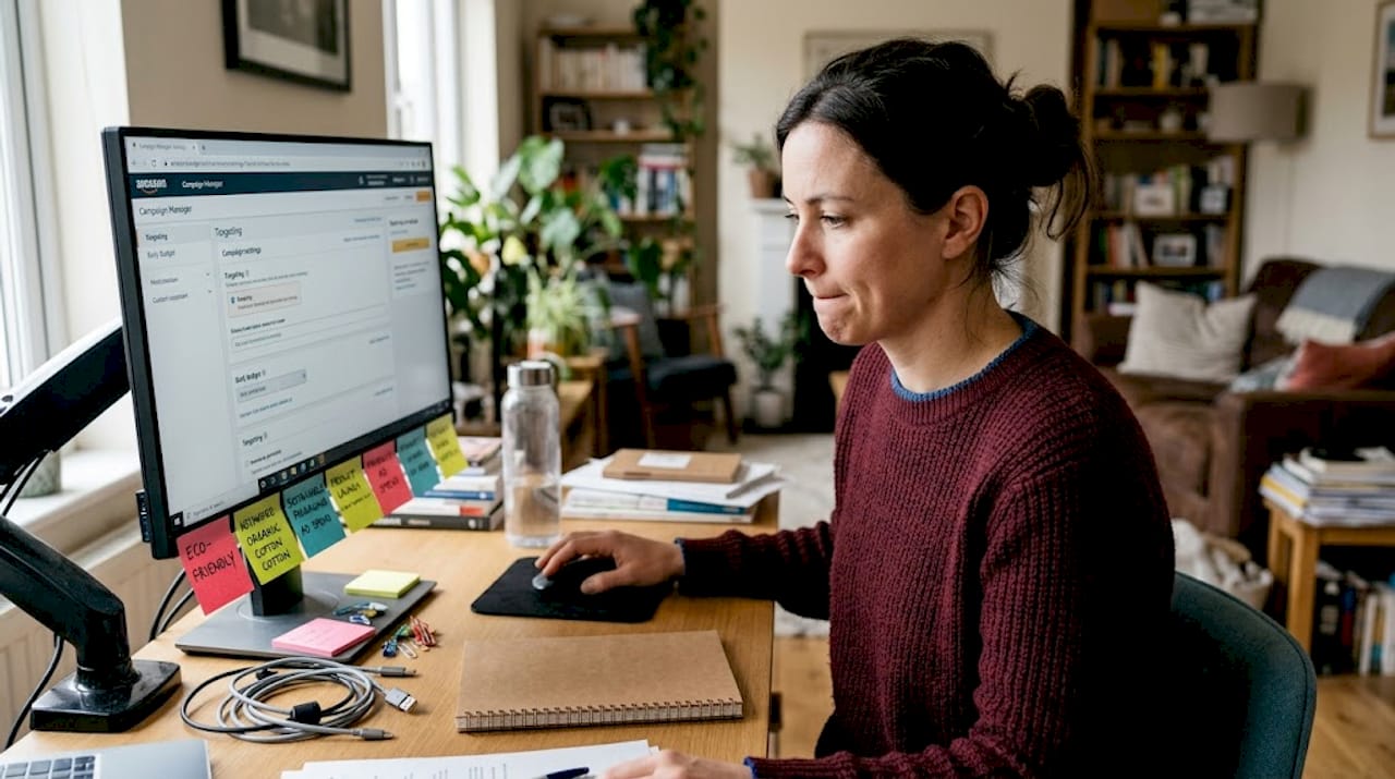 Woman adjusting negative keywords on desktop