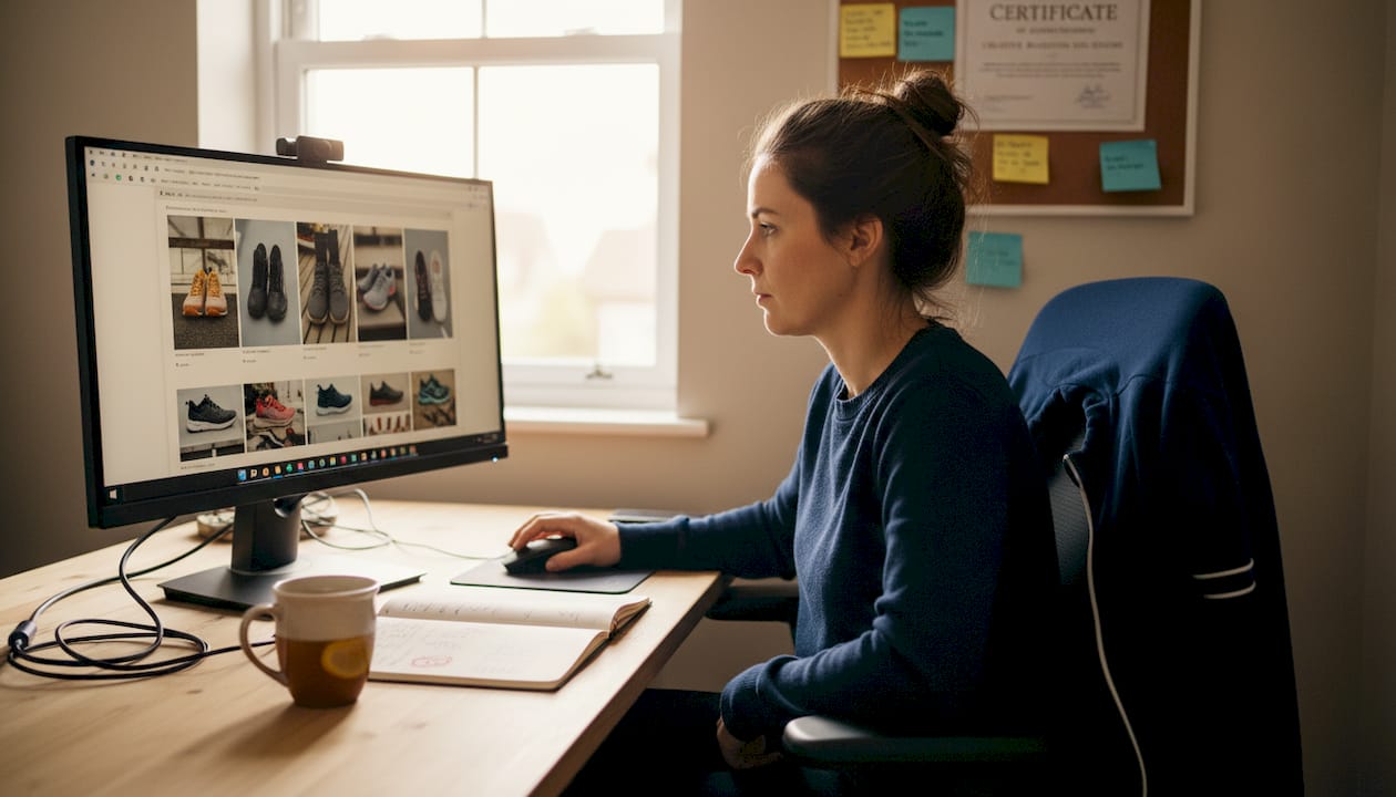 Seller reviewing Amazon listing photos at desk