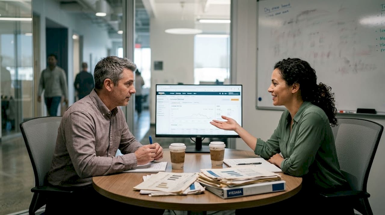 Coworkers reviewing Amazon ad campaign results