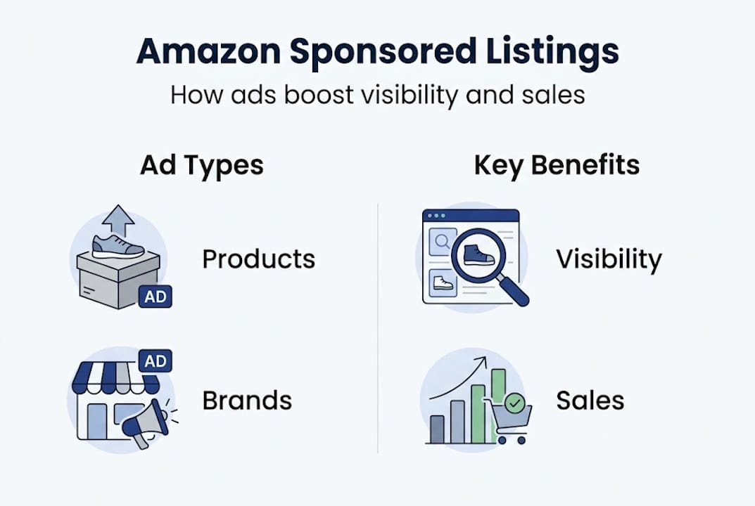 Infographic about Amazon sponsored listings types and benefits