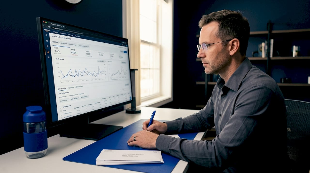 Man reviewing Amazon campaign dashboard in office