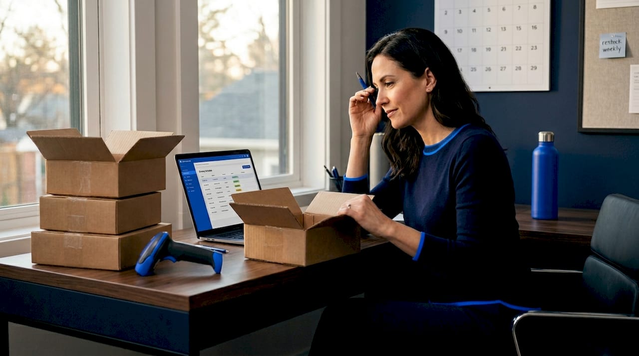 Woman unpacking boxes, checking delivery schedule