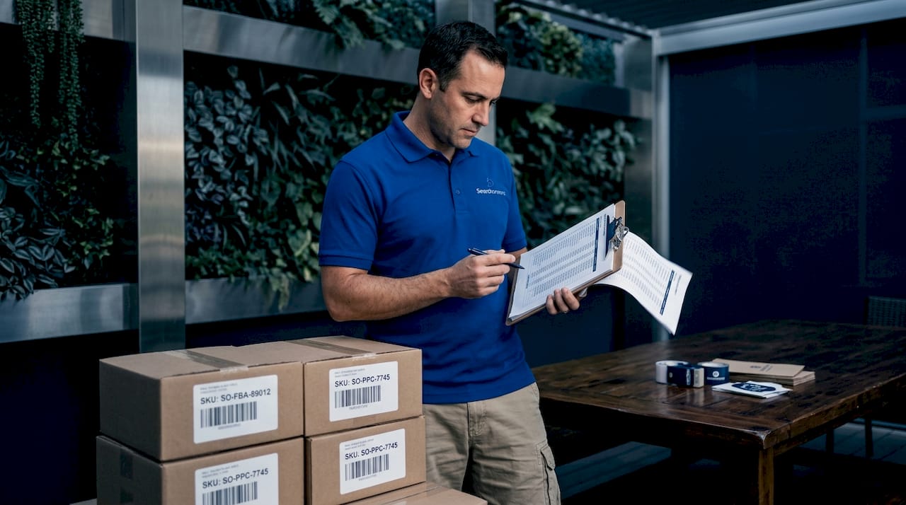 Seller checks inventory and FBA storage boxes