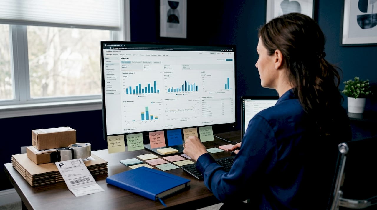 Woman reviews Amazon sales analytics report