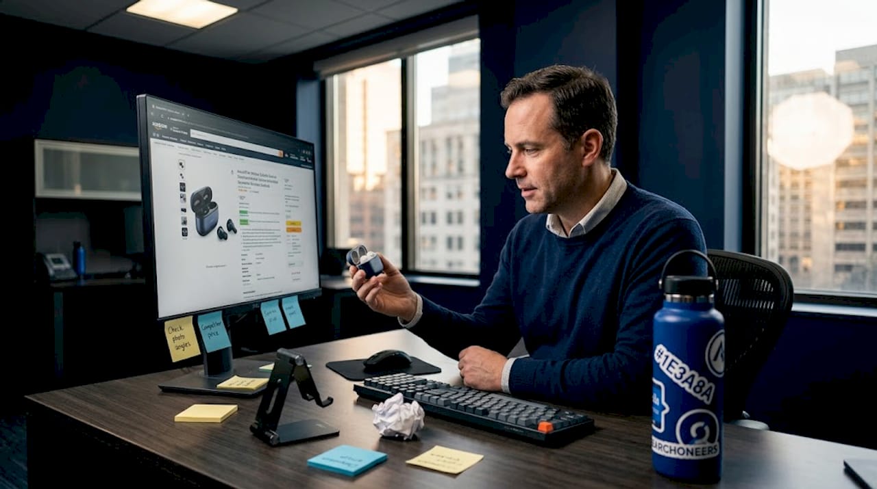 Marketer optimizing Amazon product listing at desk