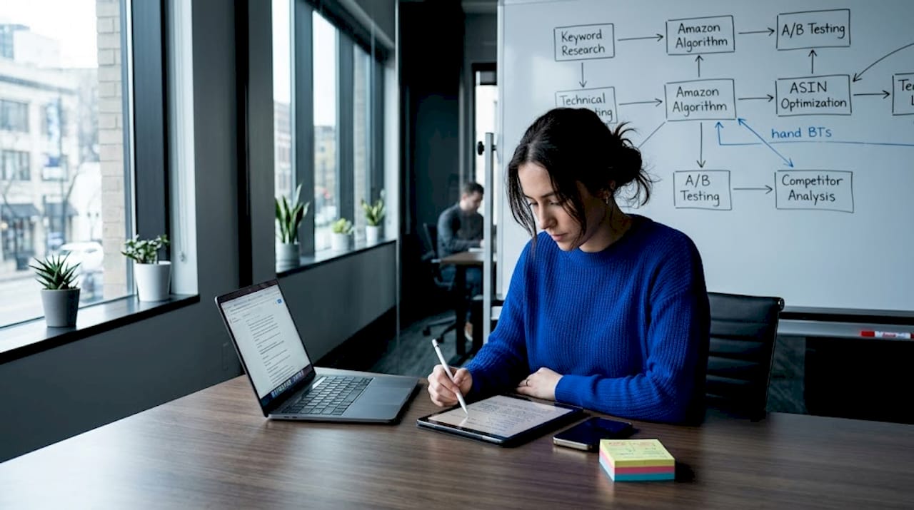 Digital strategist reviewing AI SEO plan in coworking space