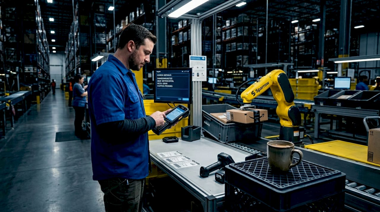 Manager observes Amazon warehouse robotics system