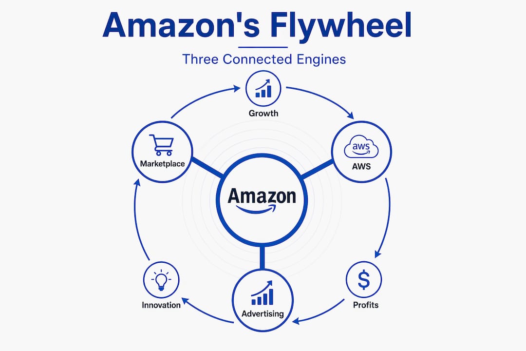 Hierarchy infographic of Amazon's strategic flywheel