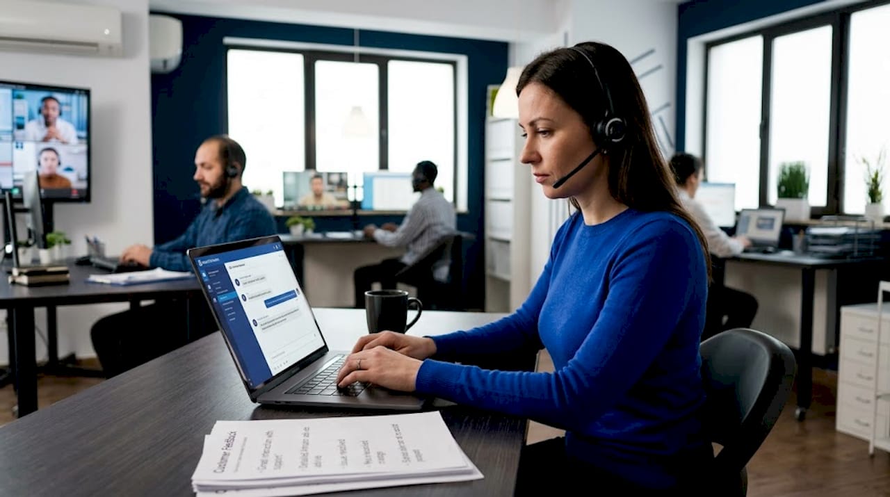 Customer service agent replying in open office