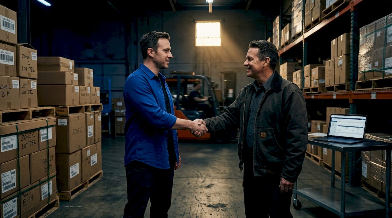 Handshake in warehouse distributor inventory scene