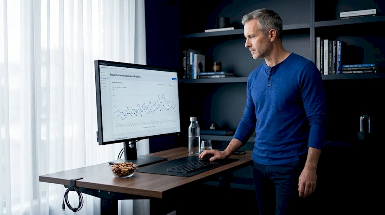 Office worker reviewing brand content analytics