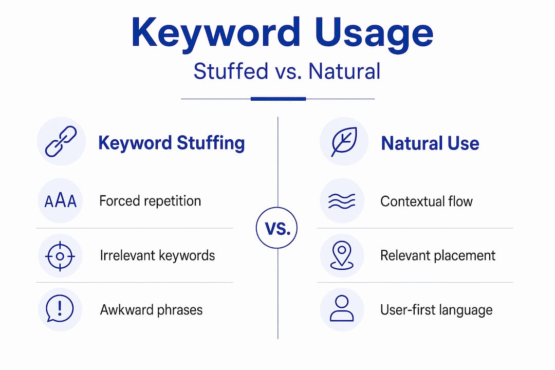 Infographic comparing keyword stuffing and natural usage
