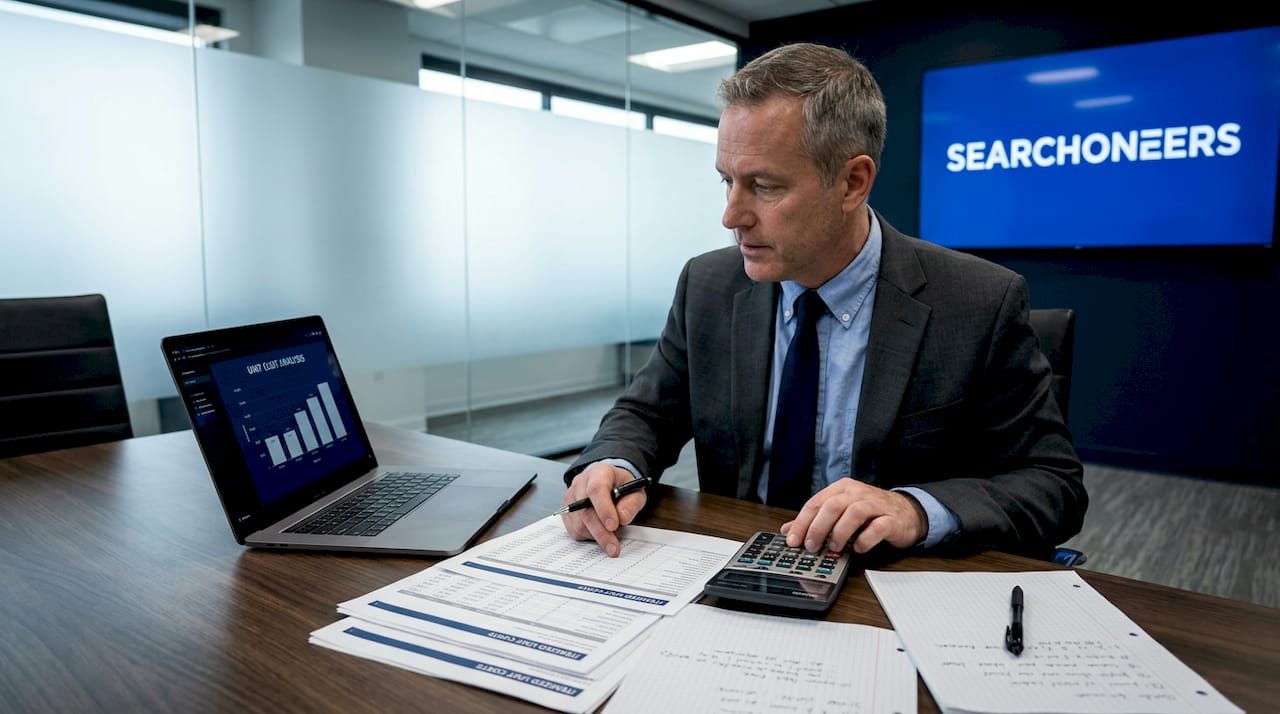 Man calculating cost-plus pricing in office
