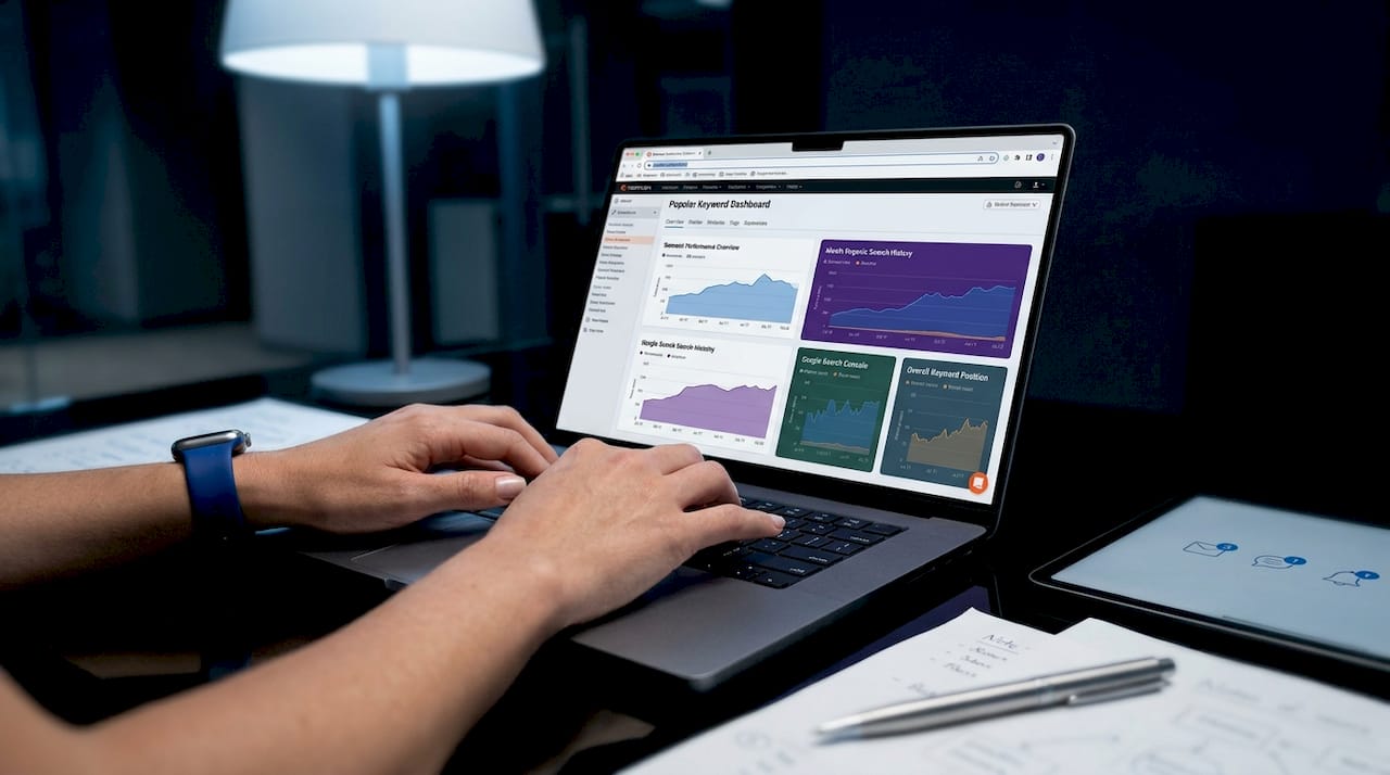 Hands using keyword rank tracking tools dashboard
