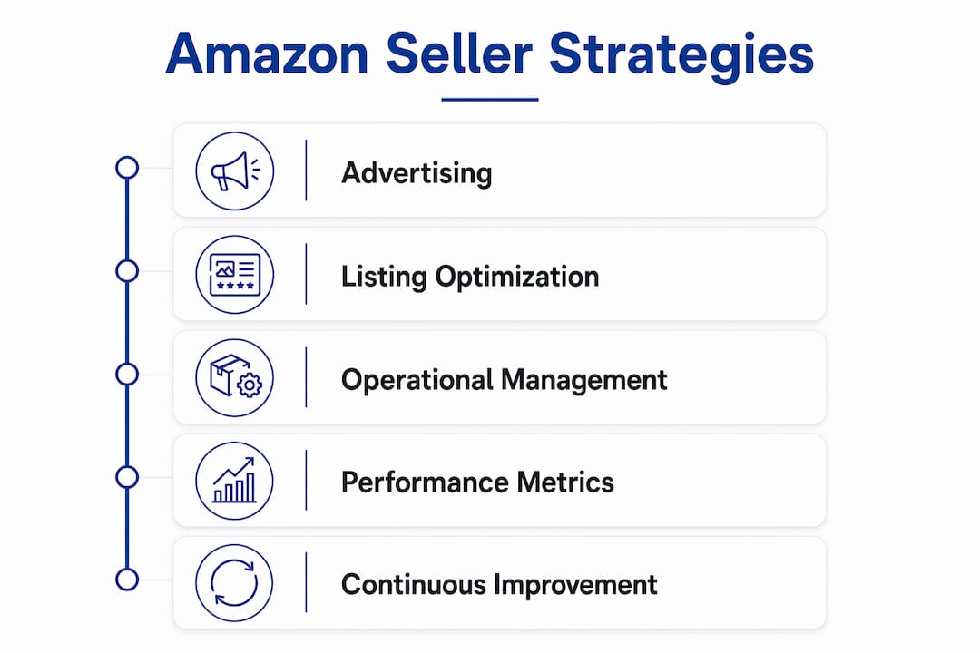Infographic depicting key Amazon seller strategies flow