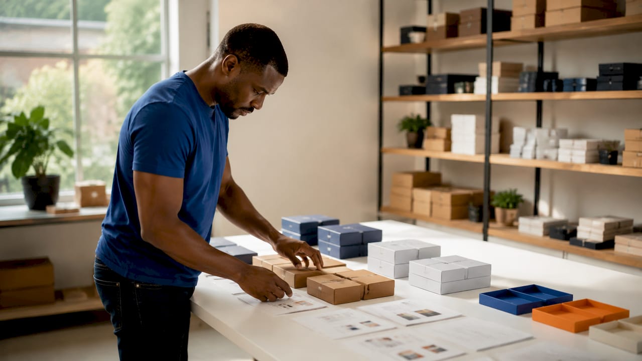 Hands arranging product pricing bundles