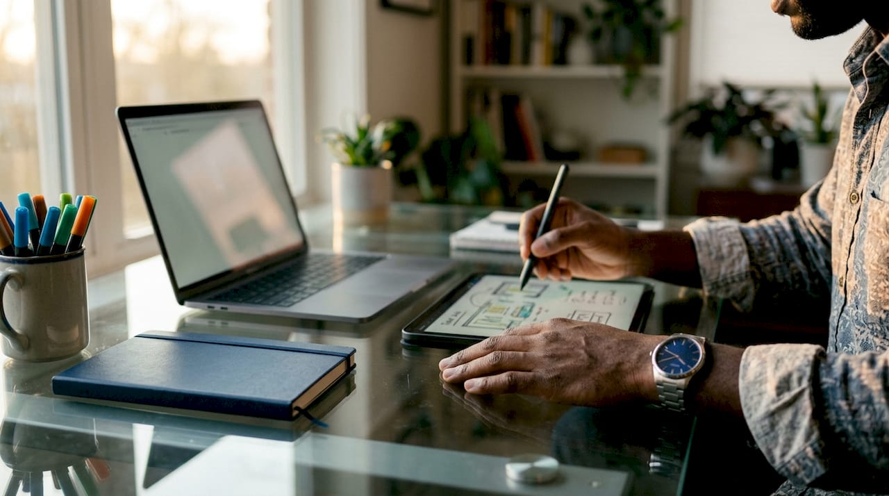 Hands designing Amazon storefront pages on tablet