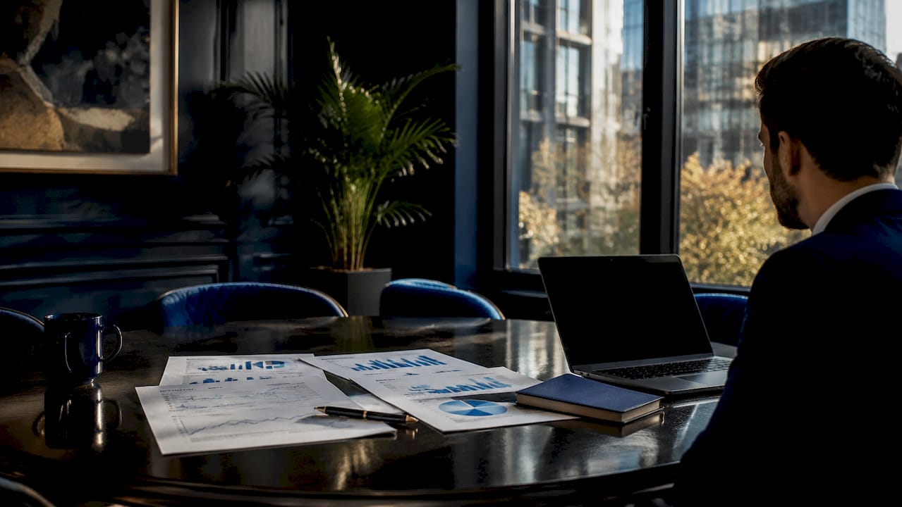 Overhead view of pricing charts and tablet on office table
