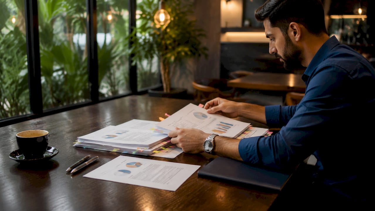 Overhead view of workspace with SEO documents