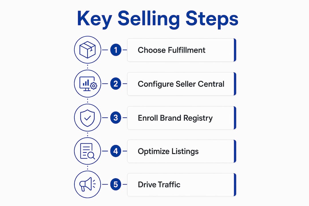 Infographic showing key steps for selling on Amazon