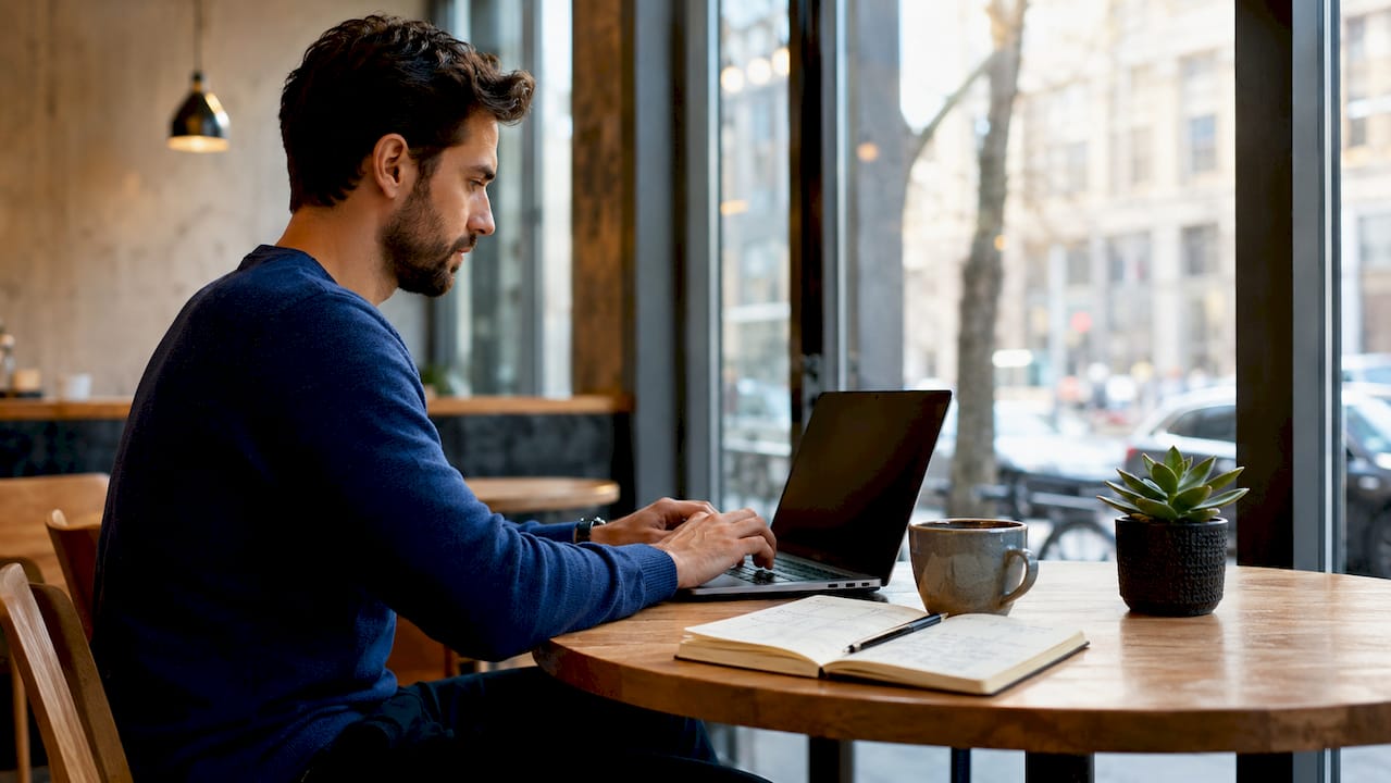 Young man using AI shopping assistant at desk