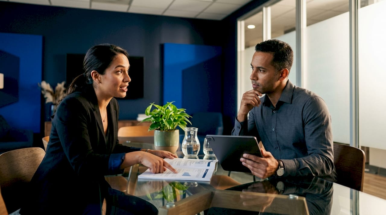Vendor and manager discussing strategy at meeting table