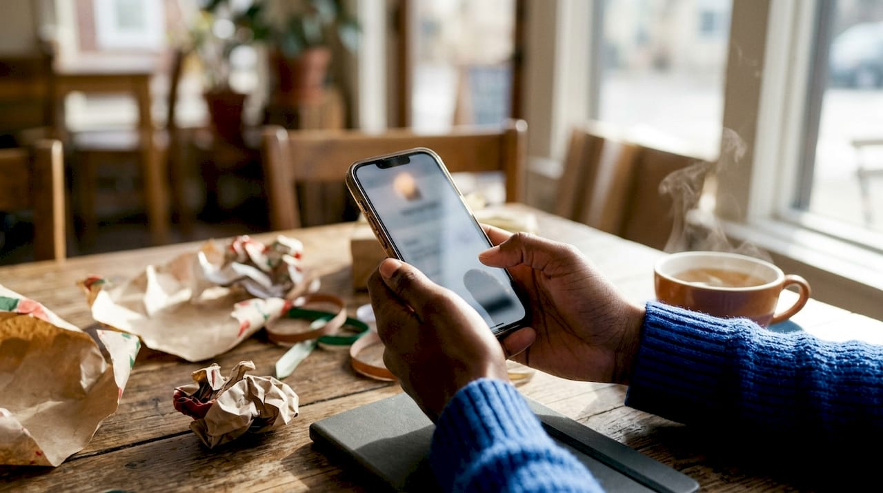 Hands holding smartphone with digital gift receipt