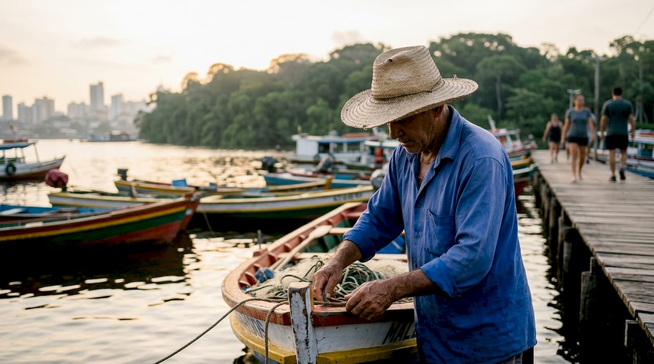 Manaus harbor with boats and rainforest backdrop at dusk