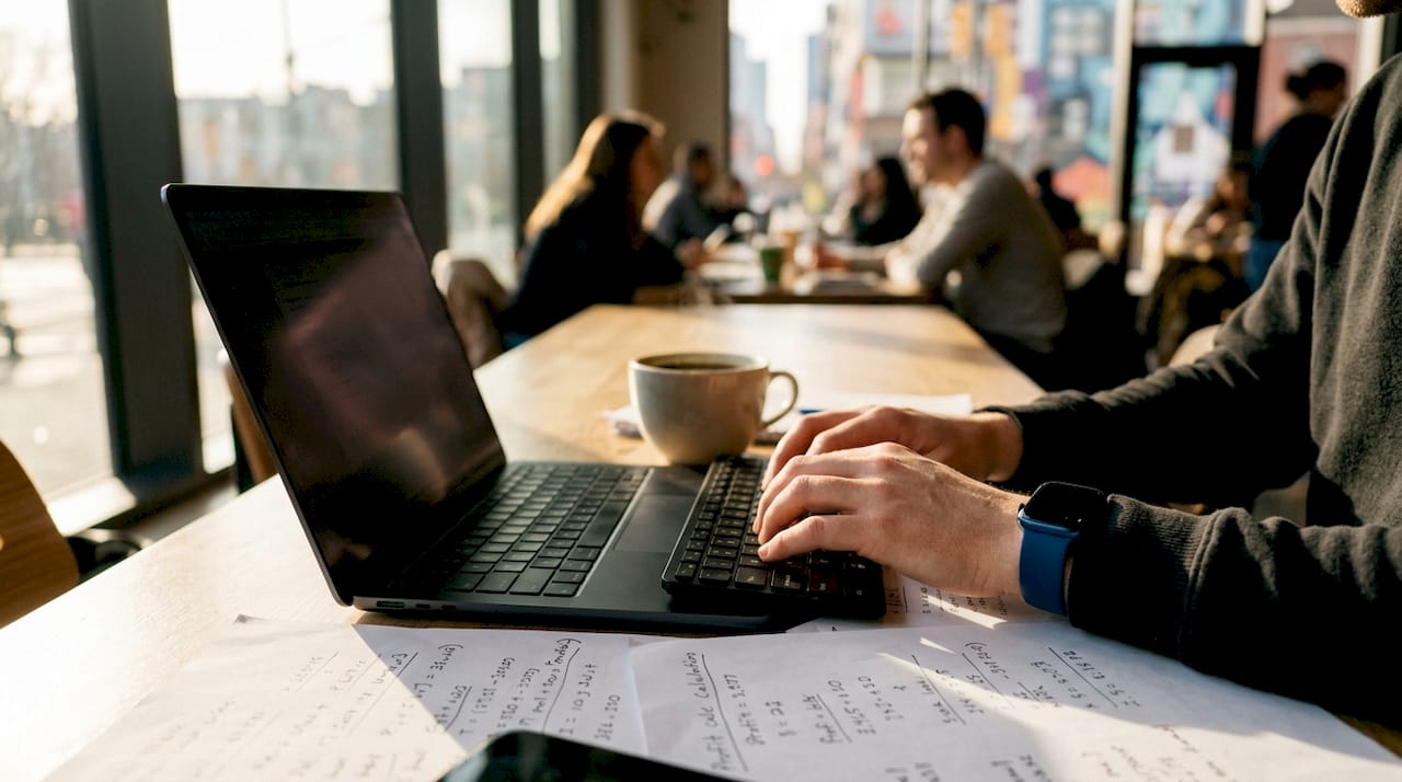 Hands typing Amazon profit calculations