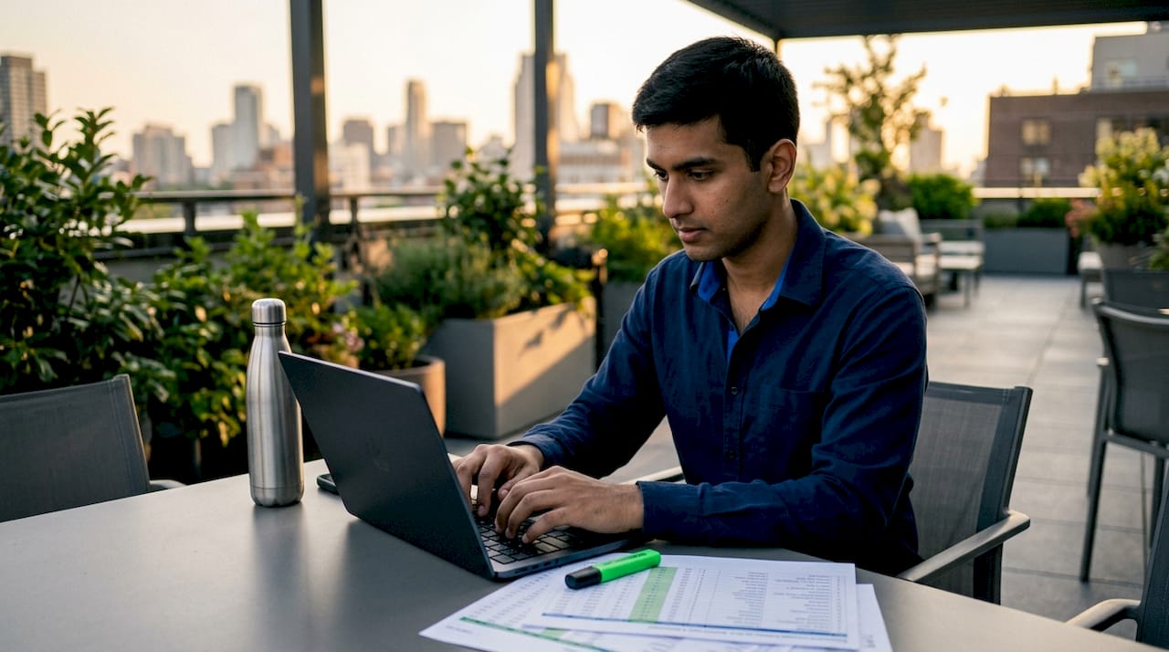 Man tracking Amazon keyword ranks on laptop in coworking space