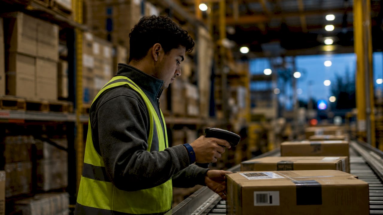 Worker scanning packages at Amazon fulfillment center