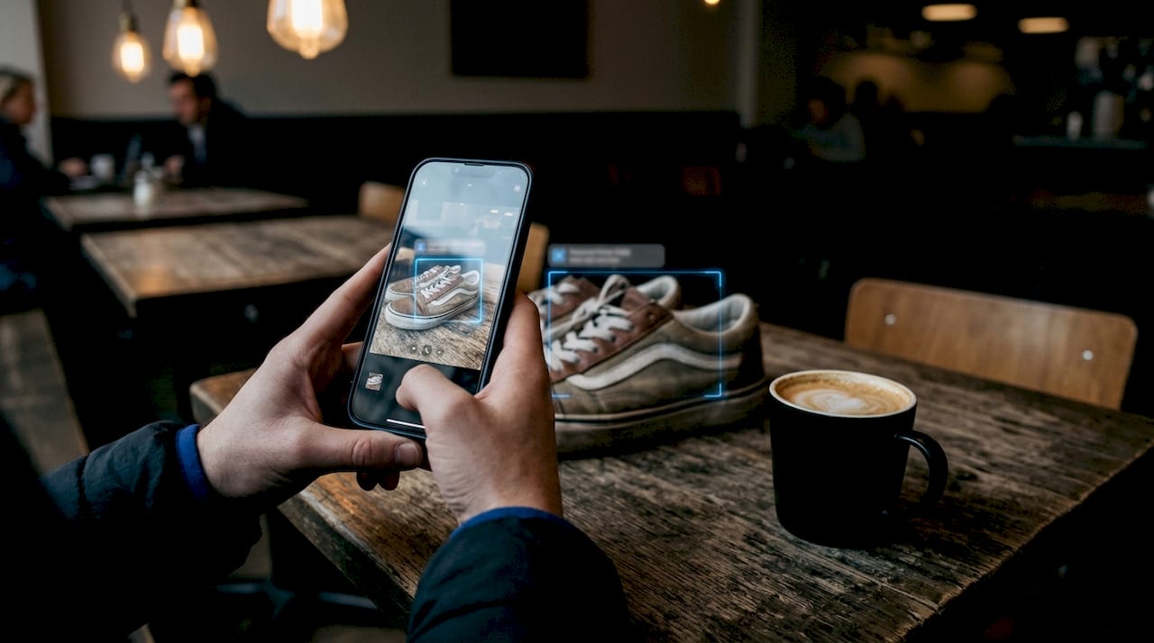 Close-up hands using Amazon Lens live visual search on sneaker