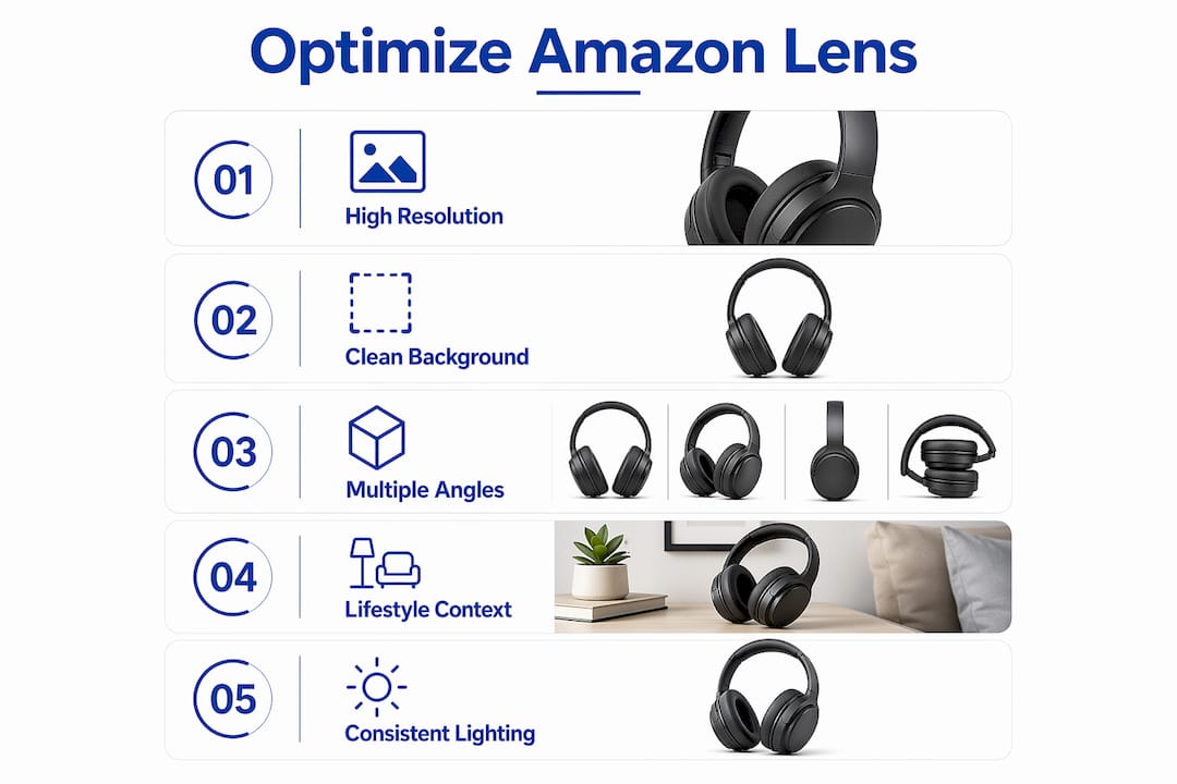 Infographic showing steps to optimize listings for Amazon Lens