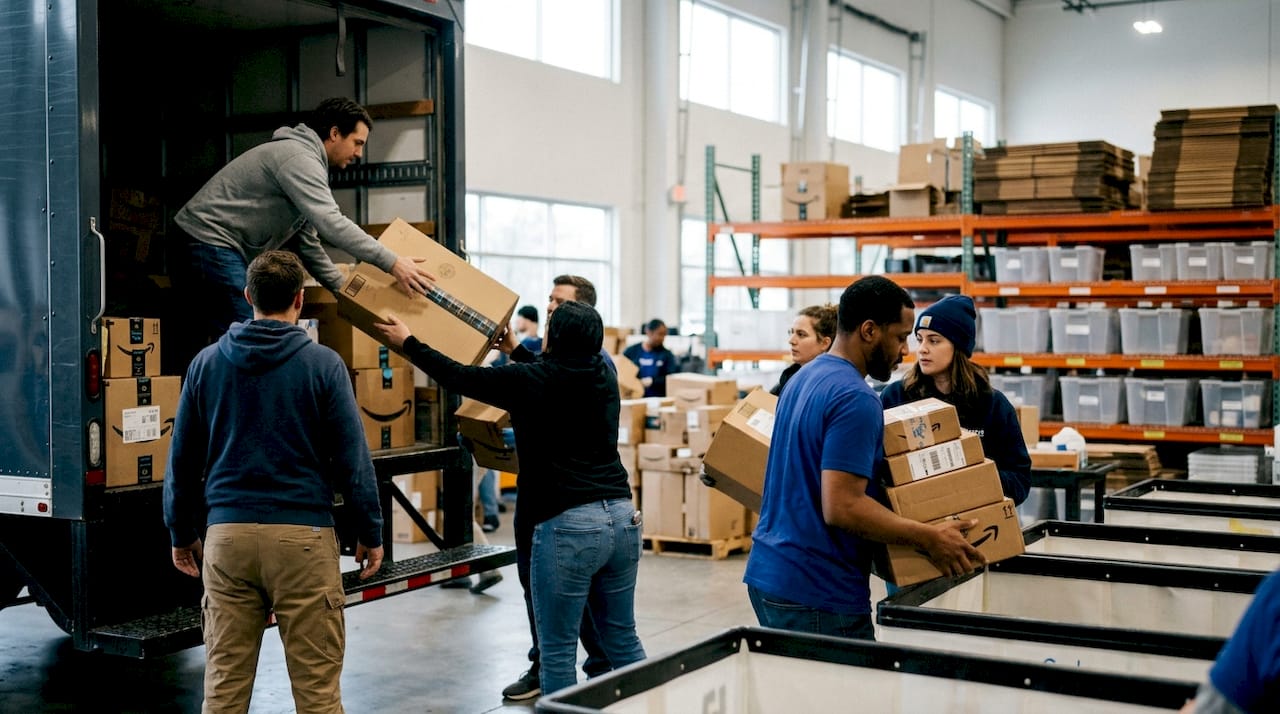 Volunteers unloading donated products