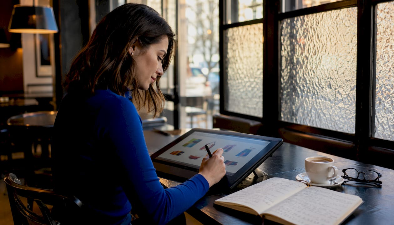 Hands using tablet to create Amazon content