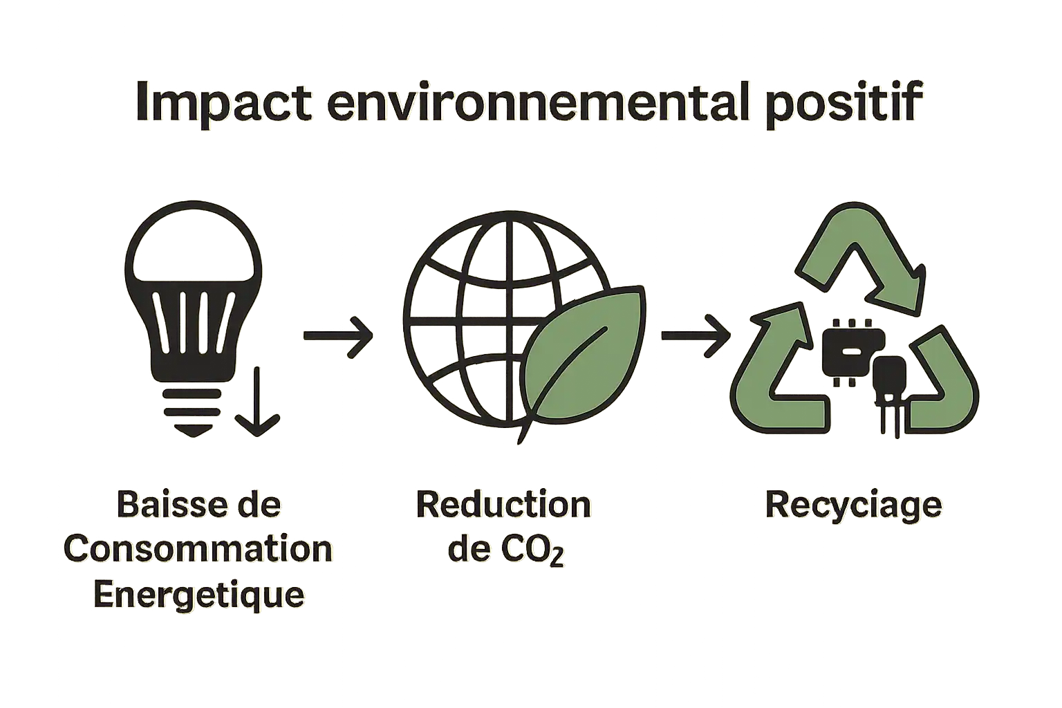 Infographie montrant efficacité énergétique, réduction de CO2, et recyclage écrans LED