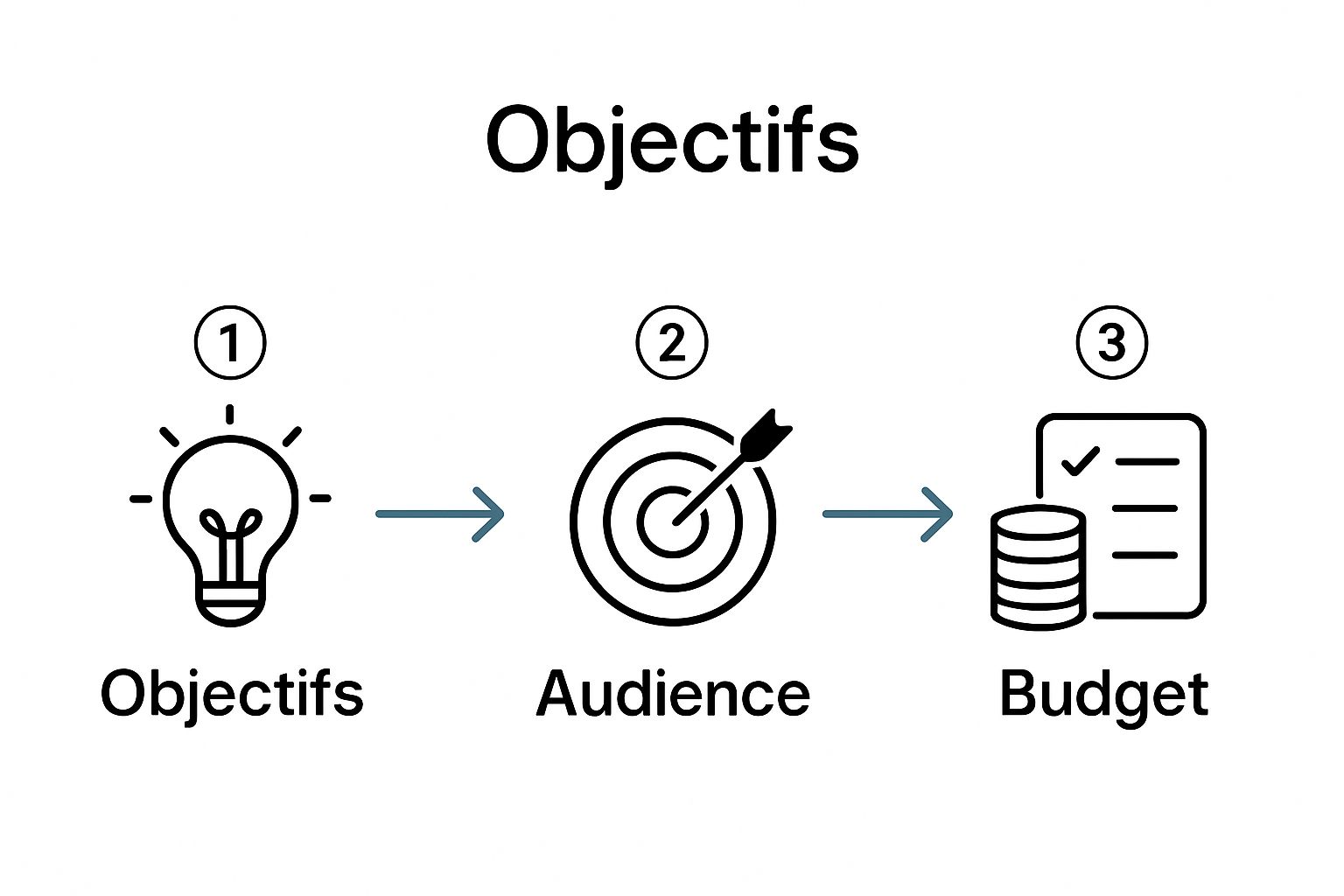 Visual workflow of three steps: objectives, audience, and budget for LED display strategy