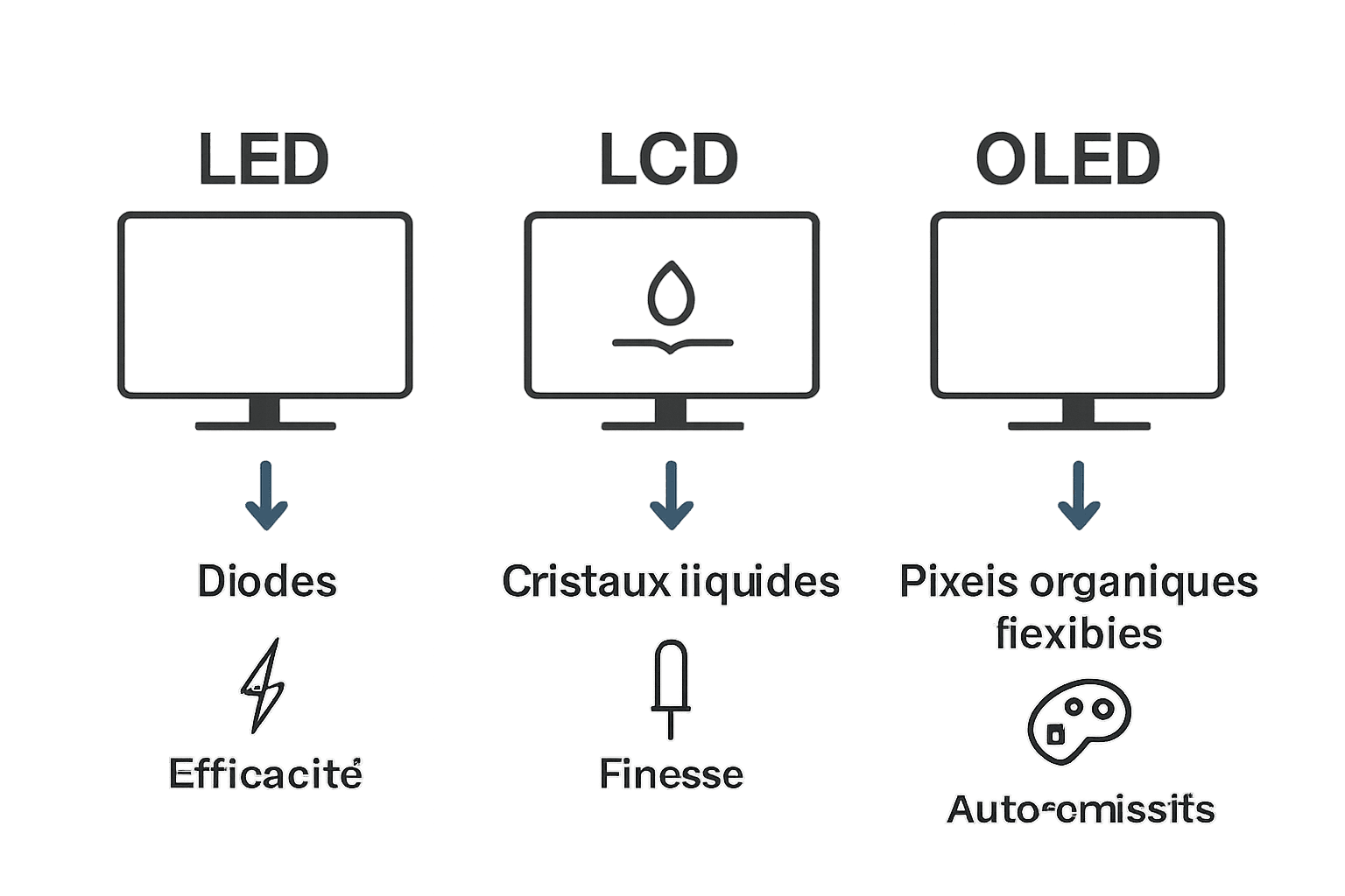 Comparaison visuelle écrans LED, LCD et OLED avec icônes