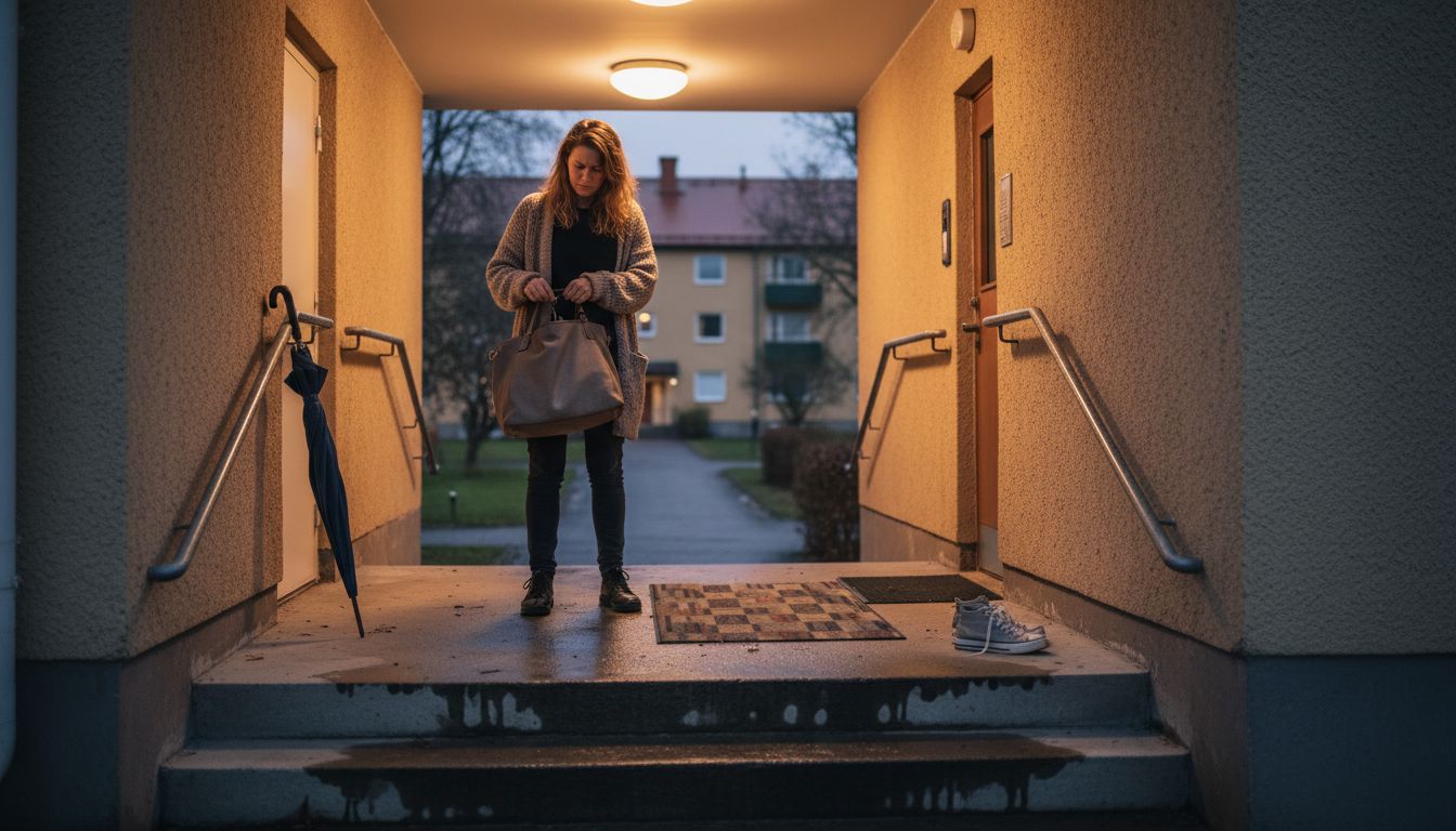 Woman searching bag for keys outside apartment
