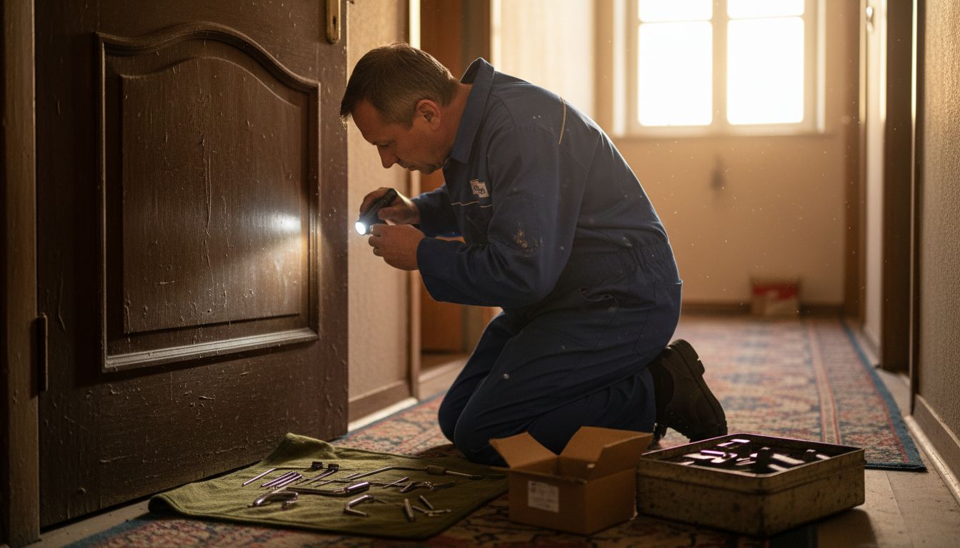 Locksmith inspecting door lock with tools