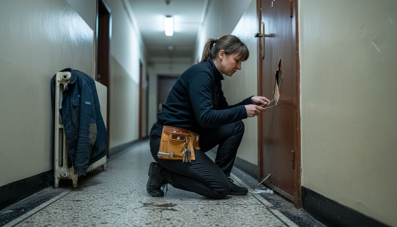 Locksmith using tools to open apartment door