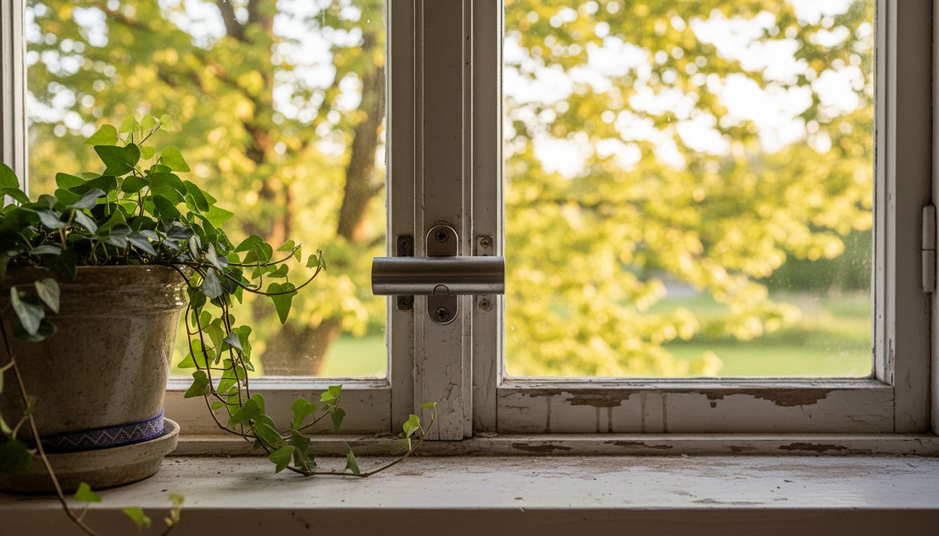 Close-up of cylinder lock on old window