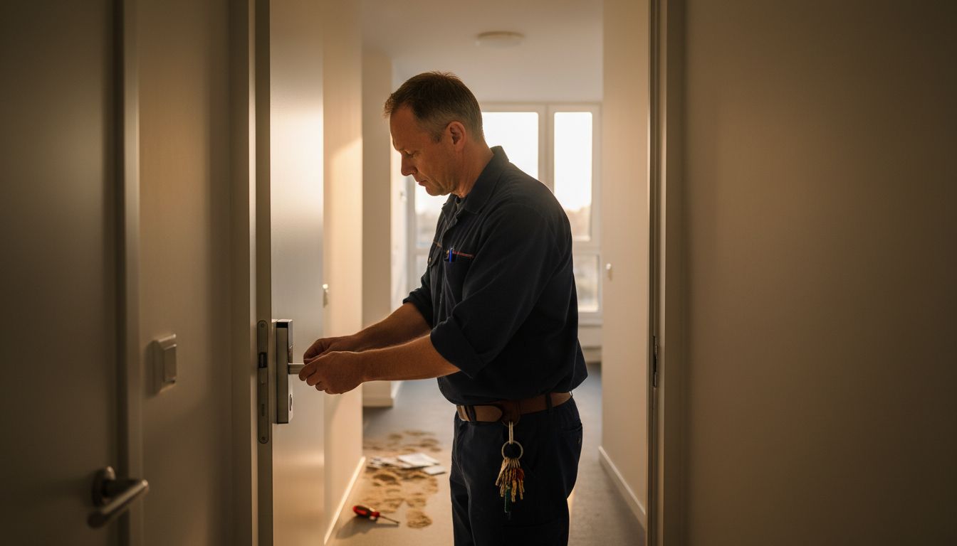 Locksmith installing smart lock in apartment hallway